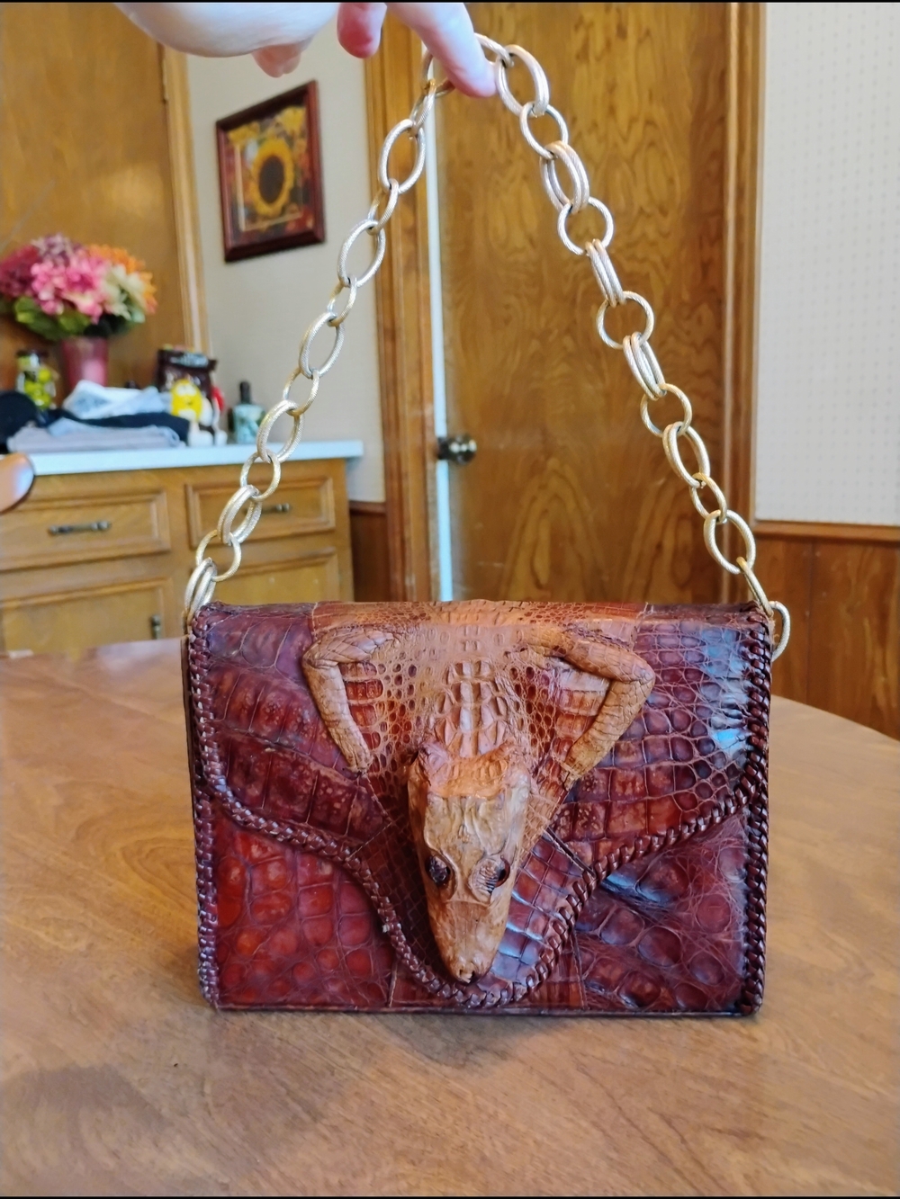 Handcrafted Brown Baby Alligator Embossed Leather Shoulder Bag with Gold Chain